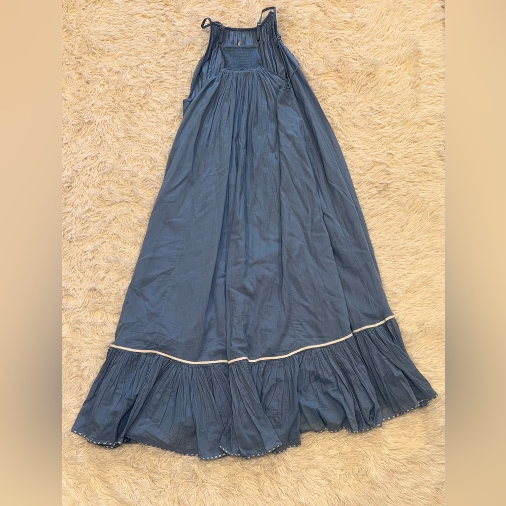 NEW Free People Tip Toeing Tulip Embroidered Gauze maxi Blue Dress sz M - Picture 5 of 8